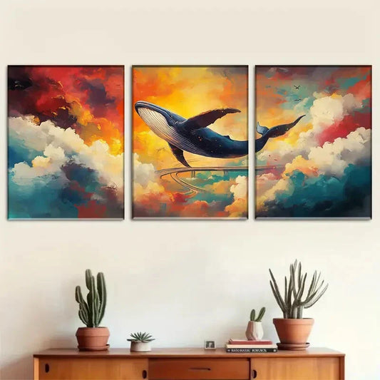 3pcs Majestic Whale Vivid Clouds Sky Perfect Wall Art Set Canvas Framed 40x60cm - High Quality Print 100% Australian Made Wall Canvas Ready to Hang