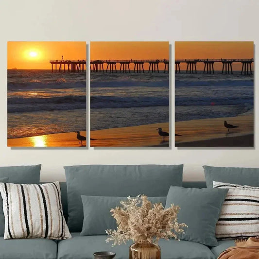 3pcs Sunset Beach Pier Triptych Vibrant Sunset Metal Print Ready to Hang Art