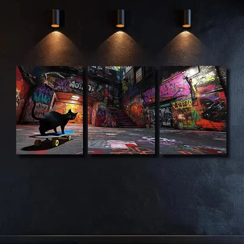 3pcs Black Cat & Colorful Skateboard Triptych Wall Art Set Canvas Framed 40x60cm - High Quality Print 100% Australian Made Wall Canvas Ready to Hang