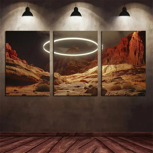 3pcs Mountain Night Scene White Luminous Rings Metal Print Ready to Hang Art