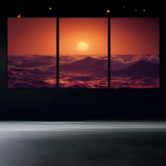 3pcs Vibrant Waves & Sky Design Ocean Sunset Metal Print Ready to Hang Art