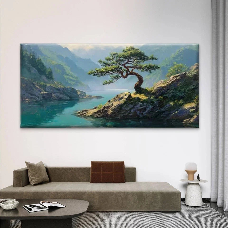 Mountain Landscape with Bonsai Wall Art Canvas Office Home Room Framed 80x45cm