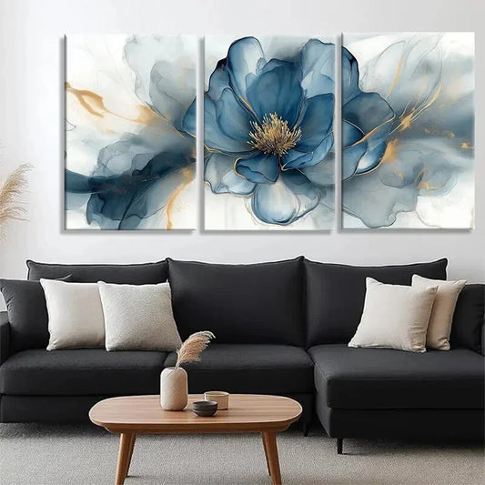 3pcs Elegant Blue Golden Peony Flower Perfect Wall Art Set Canvas Framed 40x60cm - High Quality Print 100% Australian Made Wall Canvas Ready to Hang.