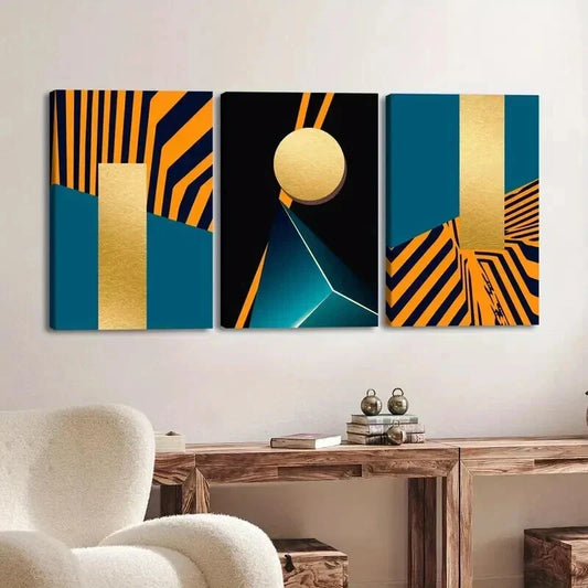 3pcs Geometric Orange & Golden Abstract Designs Wall Art Set Canvas Framed 40x60cm - High Quality Print 100% Australian Made Wall Canvas Ready to Hang