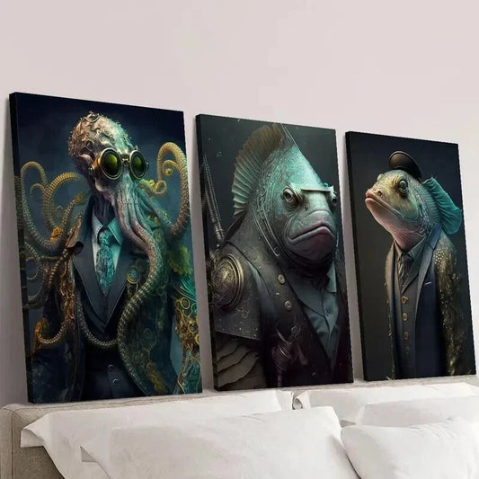 3pcs Steampunk Octopus & Fish Warrior Wall Art Set Canvas Framed 40x60cm - High Quality Print 100% Australian Made Wall Canvas Ready to Hang