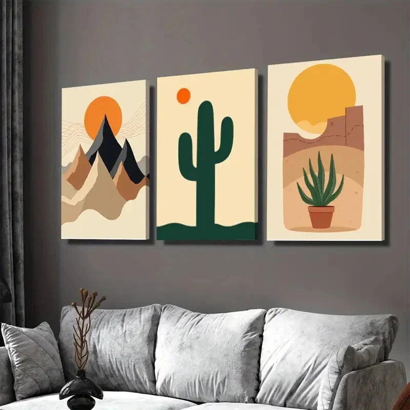 3pcs Modern Desert Landscape Abstract Cactus Wall Art Set Canvas Framed 40x60cm - High Quality Print 100% Australian Made Wall Canvas Ready to Hang