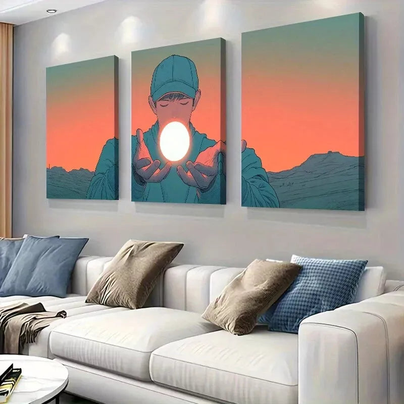 3pcs Boy Holding Glowing Sphere in Desert Wall Art Set Canvas Framed 40x60cm - High Quality Print 100% Australian Made Wall Canvas Ready to Hang