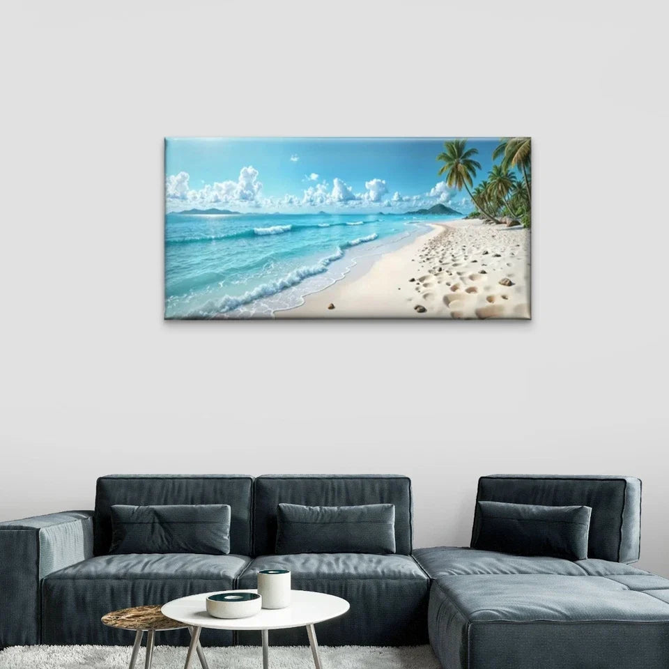 Blue Sky Beach Scene Perfect Wall Art Canvas Office Home Room Framed 80x45cm