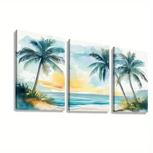 3pcs Tropical Palm Trees and Beach Decor Wall Art Set Canvas Framed 40x60cm - High Quality Print 100% Australian Made Wall Canvas Ready to Hang