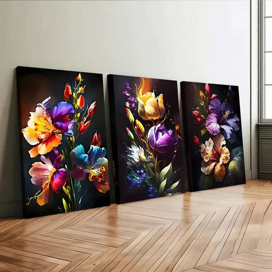 3pcs Colorful Floral Art Elegant Artistic Wall Art Set Canvas Framed 40x60cm - High Quality Print 100% Australian Made Wall Canvas Ready to Hang