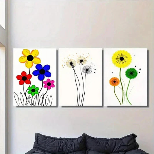 3pcs Colorful Flowers with Black Accents Metal Print Ready to Hang Art