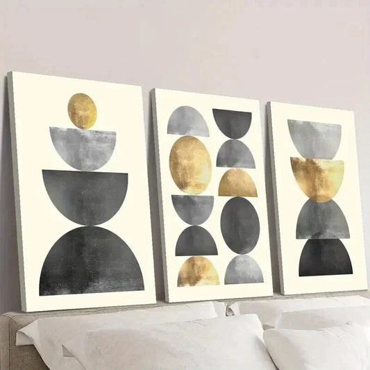 3pcs Golden & Metallic Geometric Circles Wall Art Set Canvas Framed 40x60cm - High Quality Print 100% Australian Made Wall Canvas Ready to Hang