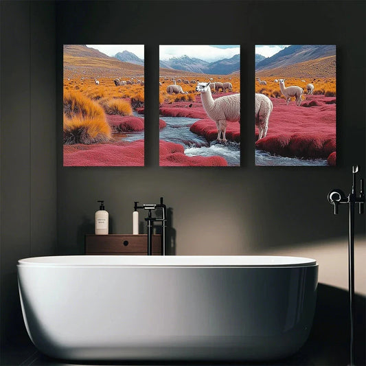 3pcs Alpaca Standing Stream on a Red Hill Metal Print Ready to Hang Art