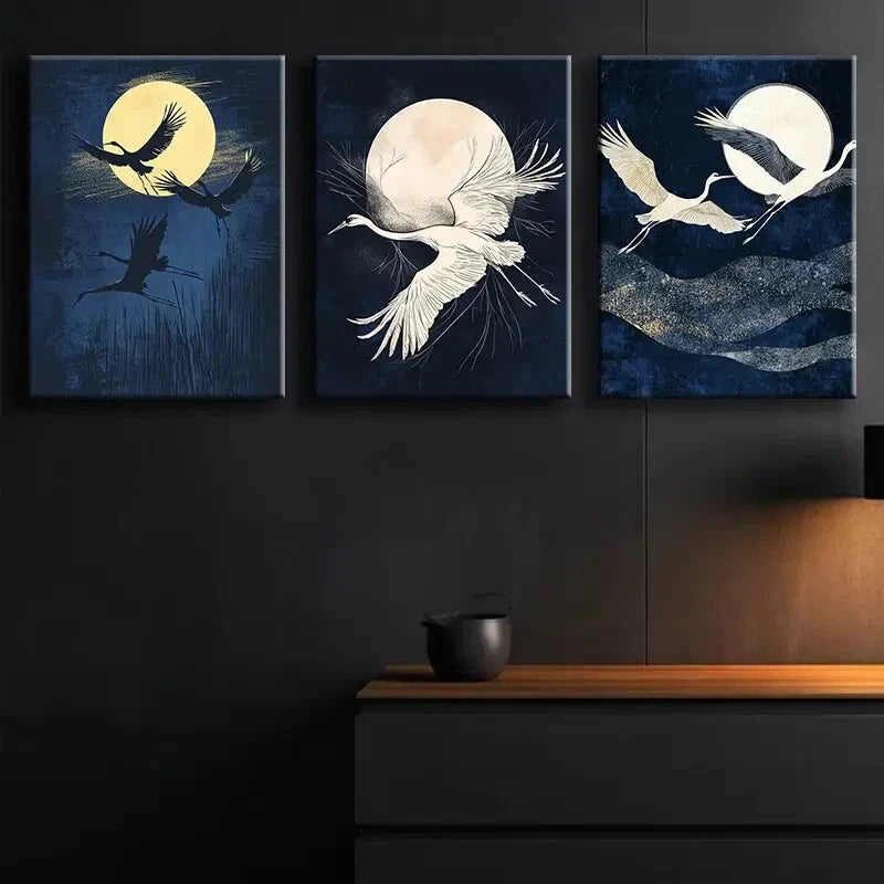 3pcs Cranes Fly Under the Moon Darkness Night Wall Art Set Canvas Framed 40x60cm - High Quality Print 100% Australian Made Wall Canvas Ready to Hang