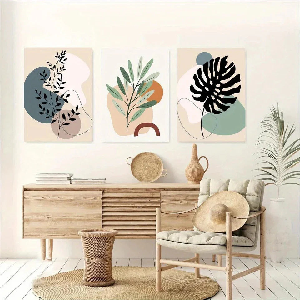 3pcs Abstract Geometric Shape Plant Flowers Metal Print Ready to Hang Art