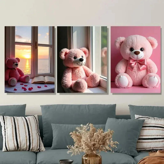 3pcs Charming Pink Teddy Bear Romantic Sunset Wall Art Set Canvas Framed 40x60cm - High Quality Print 100% Australian Made Wall Canvas Ready to Hang