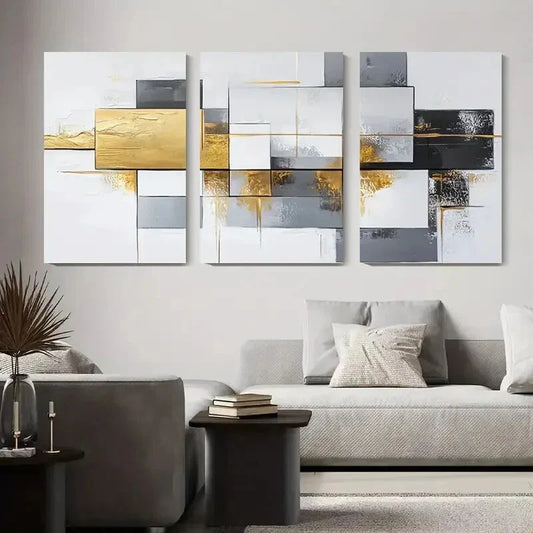 3pcs Modern Abstract Golden & Gray Geometric Metal Print Ready to Hang Art