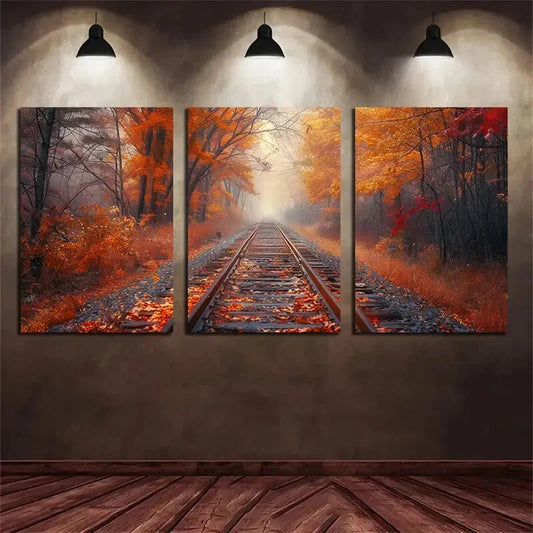3pcs autumn forest broken train track Metal Print Ready to Hang Art