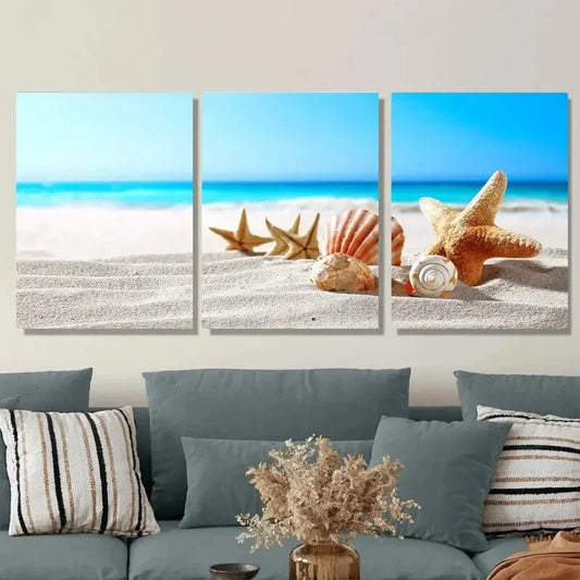 3pcs Coastal Decor with Starfish & Seashells Metal Print Ready to Hang Art