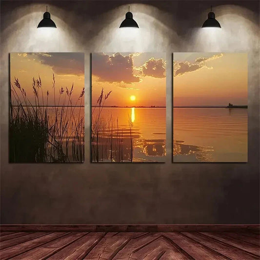 3pcs Sun Sets On The Lake White Clouds Metal Print Ready to Hang Art