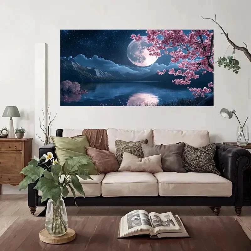 Serene Lake & Cherry Blossoms Wall Art Canvas Office Home Room Framed 80x45cm
