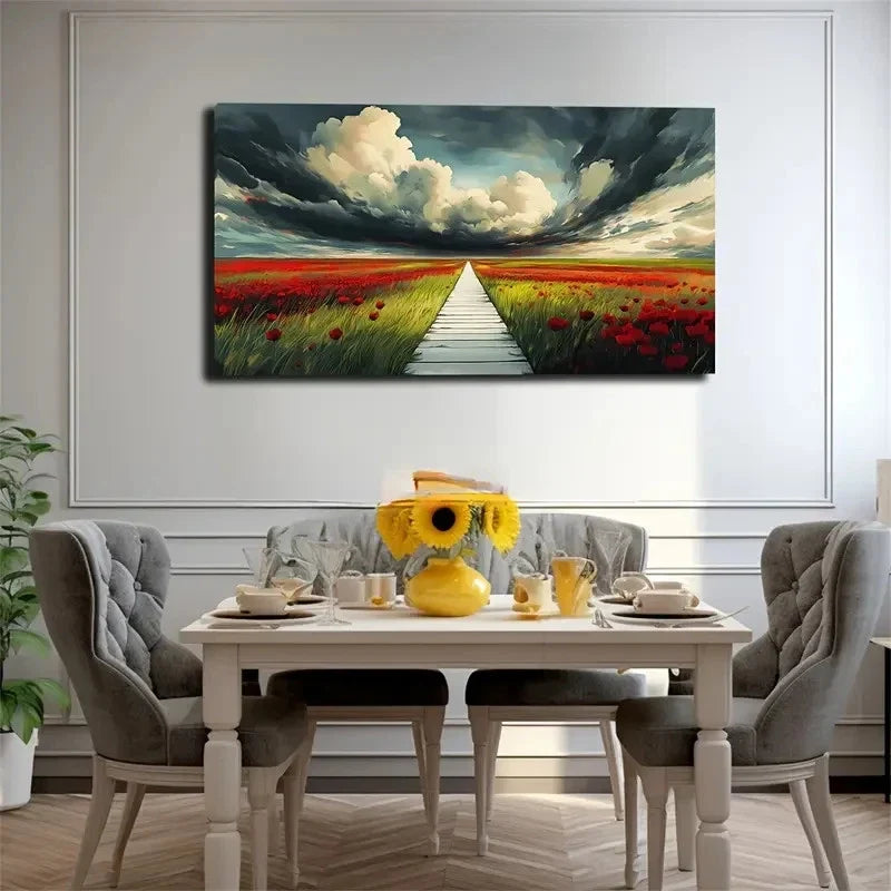 Sky & Red Poppy Field Pathway Wall Art Canvas Office Home Room Framed 120x60cm