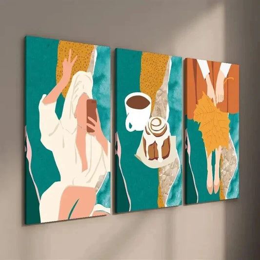 3pcs Coffee & Bread Woman in Bath Wall Art Set Canvas Framed 40x60cm - High Quality Print 100% Australian Made Wall Canvas Ready to Hang