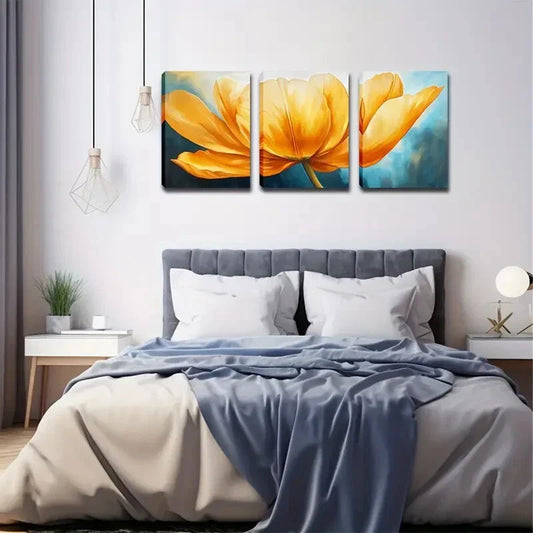 3pcs Yellow Tulip on Blue Background Perfect Wall Art Set Canvas Framed 40x60cm - High Quality Print 100% Australian Made Wall Canvas Ready to Hang