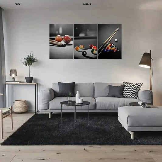 3pcs Vibrant Pool Balls & Cues Metal Print Ready to Hang Art