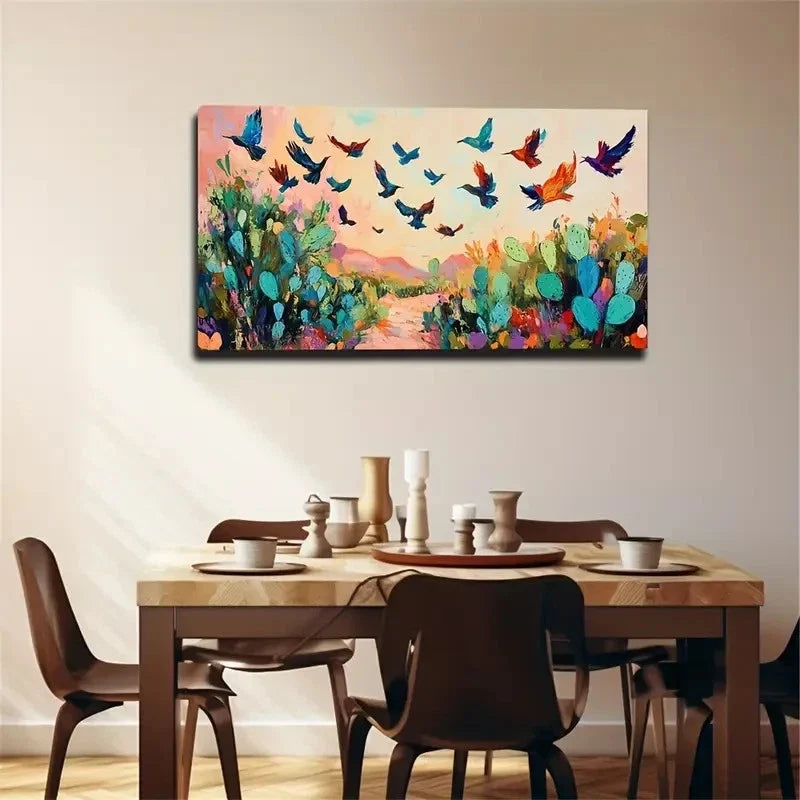 Cactus & Flying Birds Décor Wall Art Canvas Office Home Room Framed 120x60cm