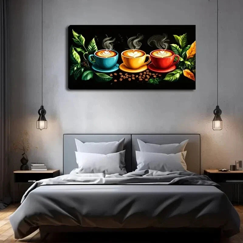 Vibrant Teacup & Leaf Design Wall Art Canvas Office Home Room Framed 80x45cm