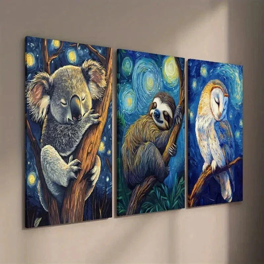 3pcs Koala Sloth Owl Sleeping in Starry Night Wall Art Set Canvas Framed 40x60cm - High Quality Print 100% Australian Made Wall Canvas Ready to Hang