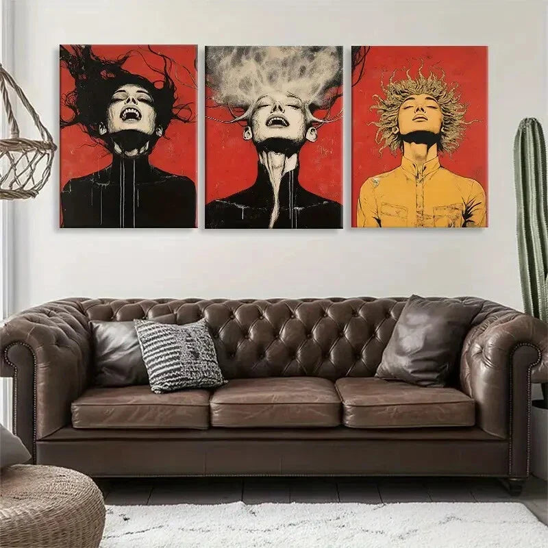 3pcs Dramatic Faces with Surreal Hair Perfect Wall Art Set Canvas Framed 40x60cm - High Quality Print 100% Australian Made Wall Canvas Ready to Hang