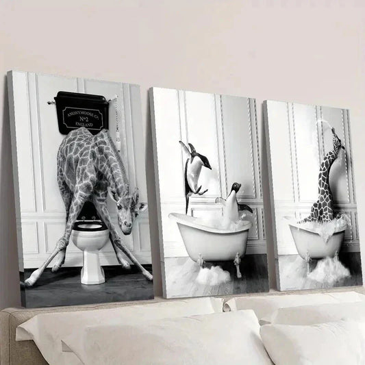 3pcs Black & White Giraffe & Penguin in Bathtub Wall Art Set Canvas Framed 40x60cm - High Quality Print 100% Australian Made Wall Canvas Ready to Hang