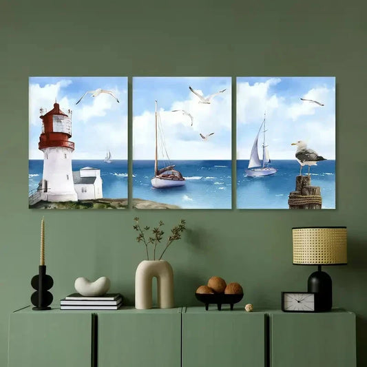 3pcs Boats On The Ocean Vintage Beach Lighthouse Metal Print Ready to Hang Art