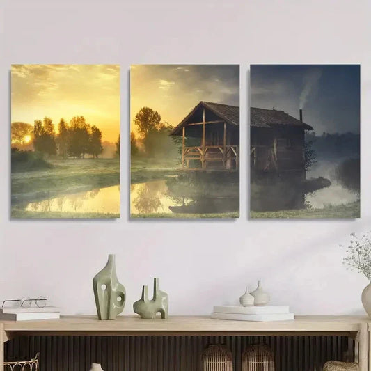 3pcs Tranquil Morning Landscape Metal Print Ready to Hang Art