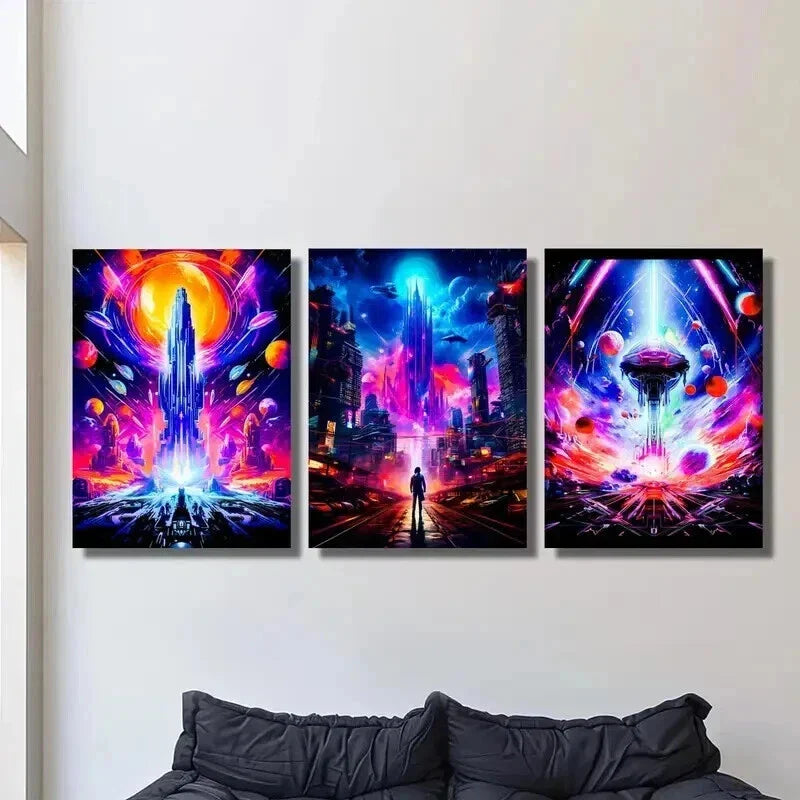 3pcs Neon Sci-Fi Universe Planet & Future Wall Art Set Canvas Framed 40x60cm - High Quality Print 100% Australian Made Wall Canvas Ready to Hang