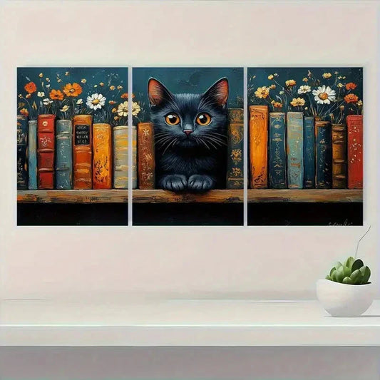 3pcs Vibrant Black Cat Bookshelf Design Metal Print Ready to Hang Art