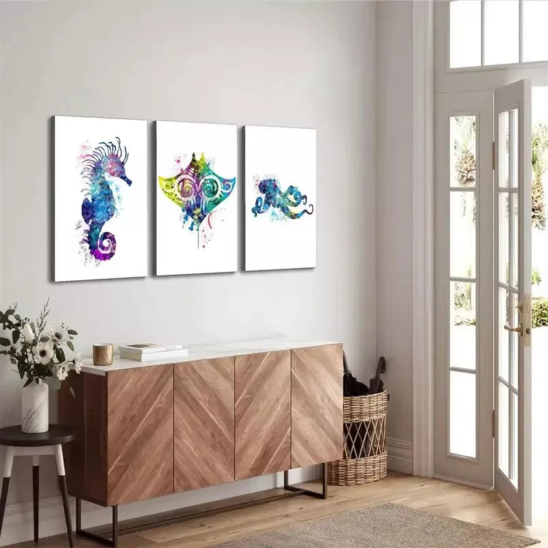 3pcs Whale Sea Horse Octopus Fish Watercolor Wall Art Set Canvas Framed 40x60cm - High Quality Print 100% Australian Made Wall Canvas Ready to Hang