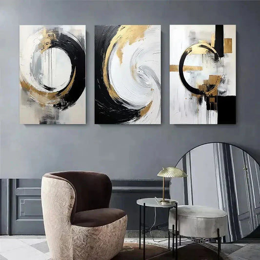 3pcs Black White and Golden Swirl Design Metal Print Ready to Hang Art