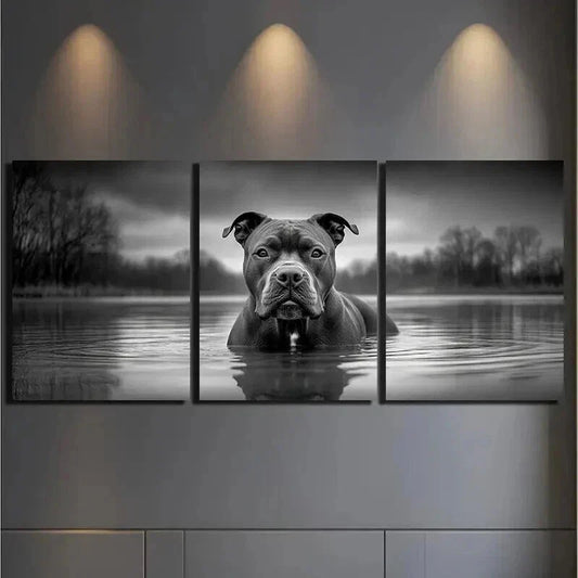 3pcs Abstract Black Dog in River Water Wall Art Set Canvas Framed 40x60cm - High Quality Print 100% Australian Made Wall Canvas Ready to Hang