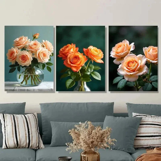 3pcs Beautiful Rose Bouquet Orange Wall Art Set Canvas Framed 40x60cm - High Quality Print 100% Australian Made Wall Canvas Ready to Hang
