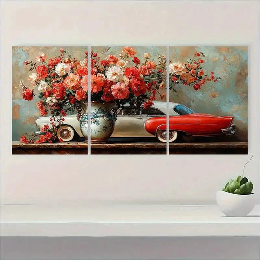 3pcs Painting of Flowers an Old Vase White Car Metal Print Ready to Hang Art