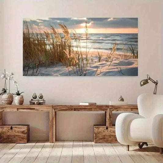 Reeds on the Beach Coastal Wall Art Canvas Office Home Room Framed 80x45cm