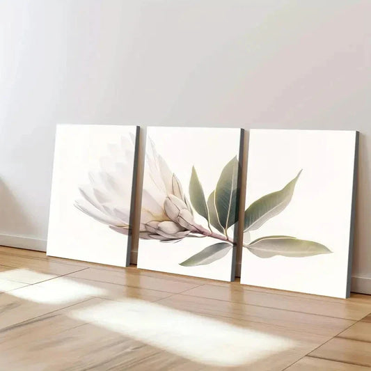 3pcs Single White King Protea Abstract Geometric Wall Art Set Canvas Framed 40x60cm - High Quality Print 100% Australian Made Wall Canvas Ready to Hang