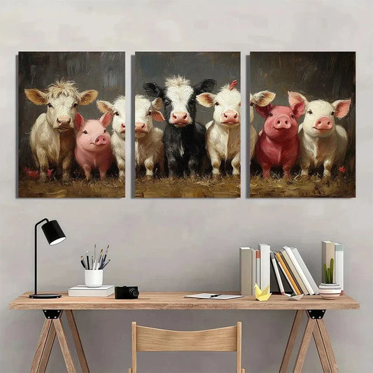 3pcs Highland Cows Donkeys Pigs & Rooster Metal Print Ready to Hang Art