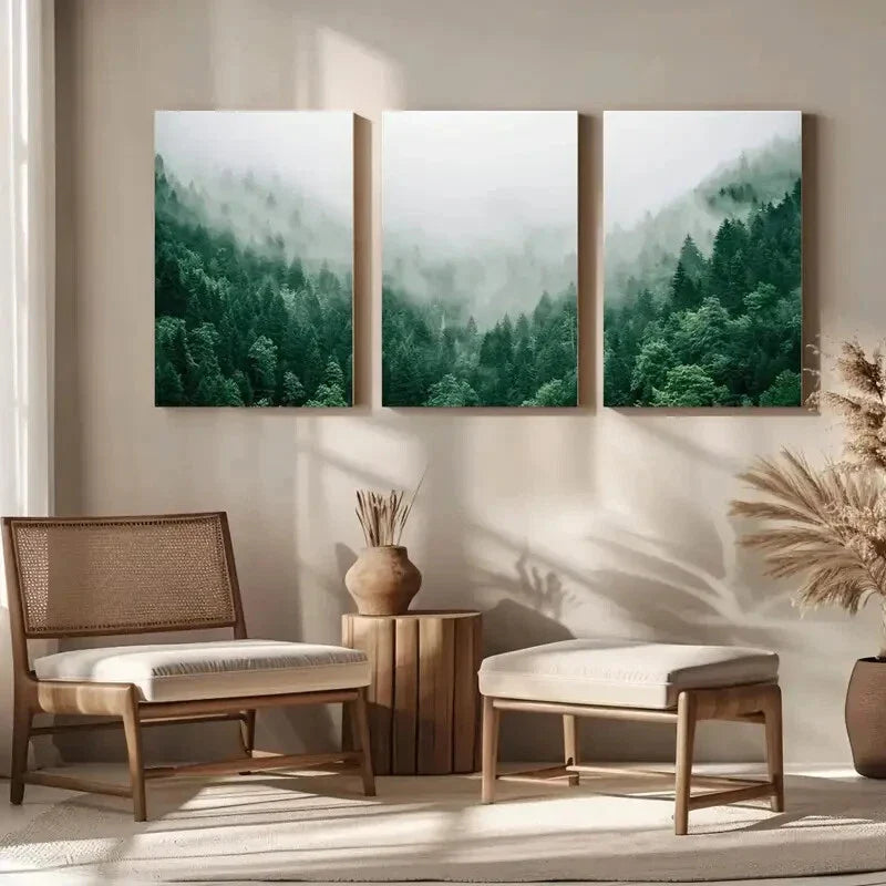 3pcs Serene Forest & Misty Peaks Mountain Metal Print Ready to Hang Art