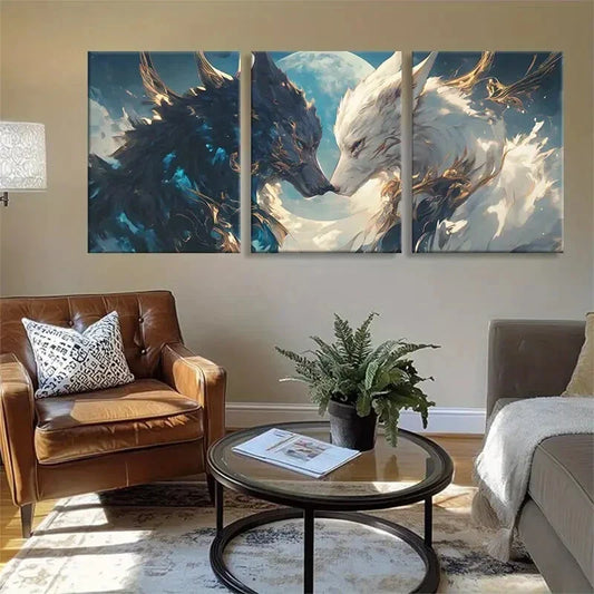 3pcs Mystical Wolf Face-Off with Moon Perfect Wall Art Set Canvas Framed 40x60cm - High Quality Print 100% Australian Made Wall Canvas Ready to Hang