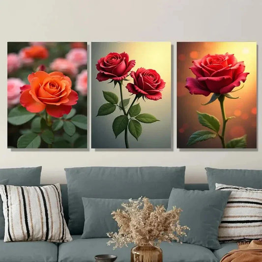 3pcs Vibrant Rose Flower Green Picture Wall Art Set Canvas Framed 40x60cm - High Quality Print 100% Australian Made Wall Canvas Ready to Hang