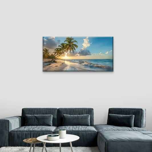 Beach Scene Palm Trees Sun Wall Art Canvas Office Home Room Framed 80x45cm